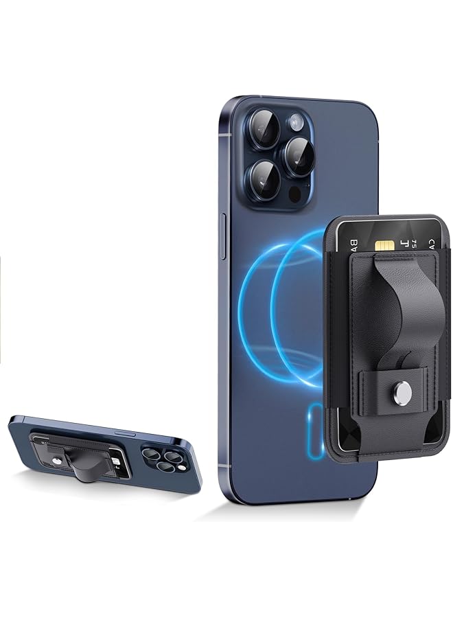 Green Tiger erorex Magnetic Card Wallet Holder with MagSafe for iPhone, Magnetic Phone Wallet with Grip Loop & Kickstand, Five-Card Capacity, Leather Phone Credit Card Holder, Black