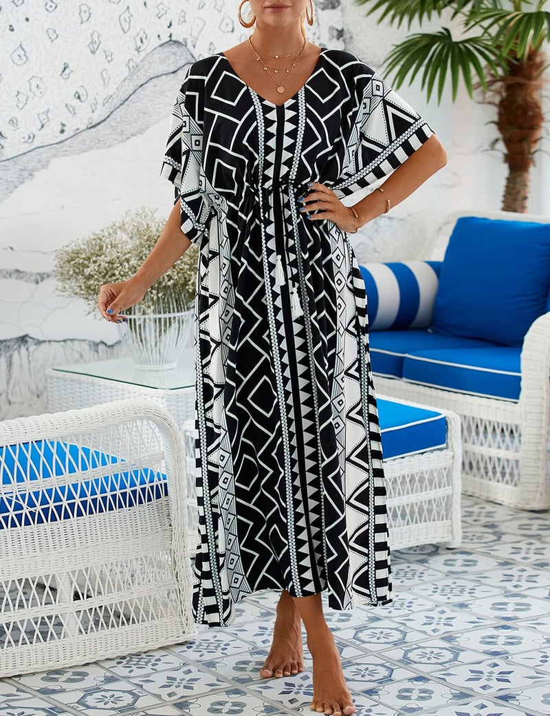 Bsubseach Kaftan Dresses for Women Plus Size Swimsuit Cover Up Long Caftan Dress with Waist Drawstring B-Black Geometric - Image 2