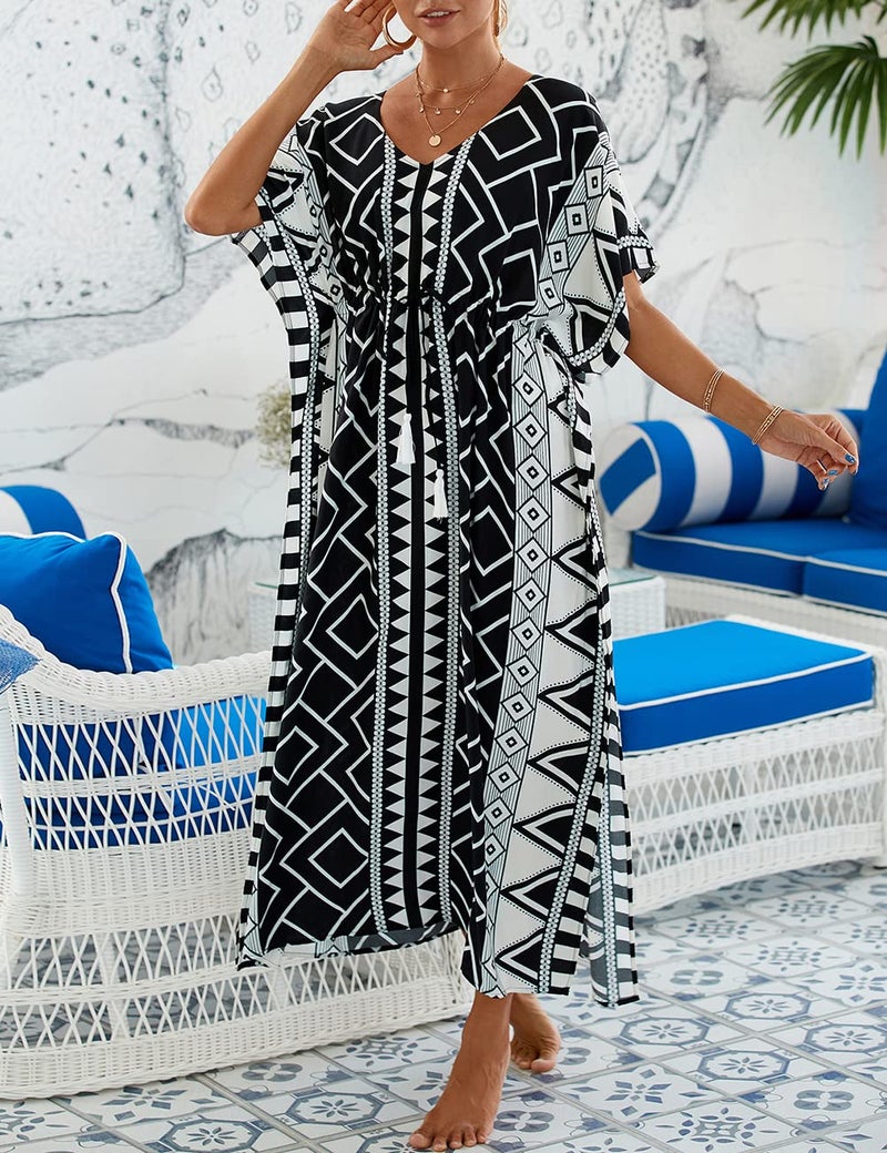 Bsubseach Kaftan Dresses for Women Plus Size Swimsuit Cover Up Long Caftan Dress with Waist Drawstring B-Black Geometric - Image 3