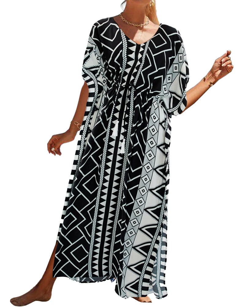 Bsubseach Kaftan Dresses for Women Plus Size Swimsuit Cover Up Long Caftan Dress with Waist Drawstring B-Black Geometric - Image 1