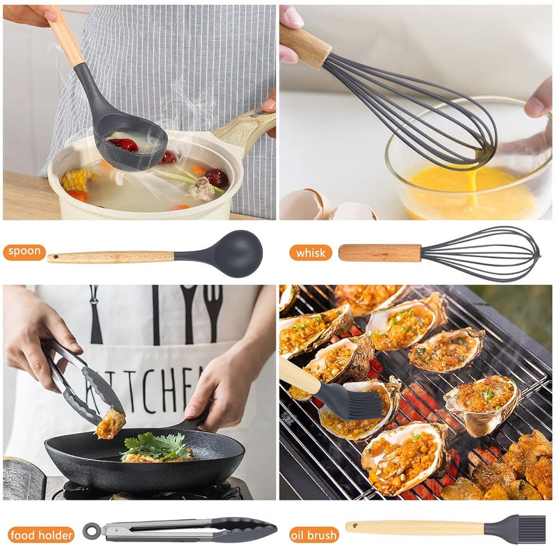 Windfromort Kitchen Utensils Silicone Wood Set 12 PCS Kitchen Accessory Set BPAFree Nonstick AntiScratch and Heat Resistant NonStick Kitchen Tool for LadleSpatulaPasta Spoon - Image 4