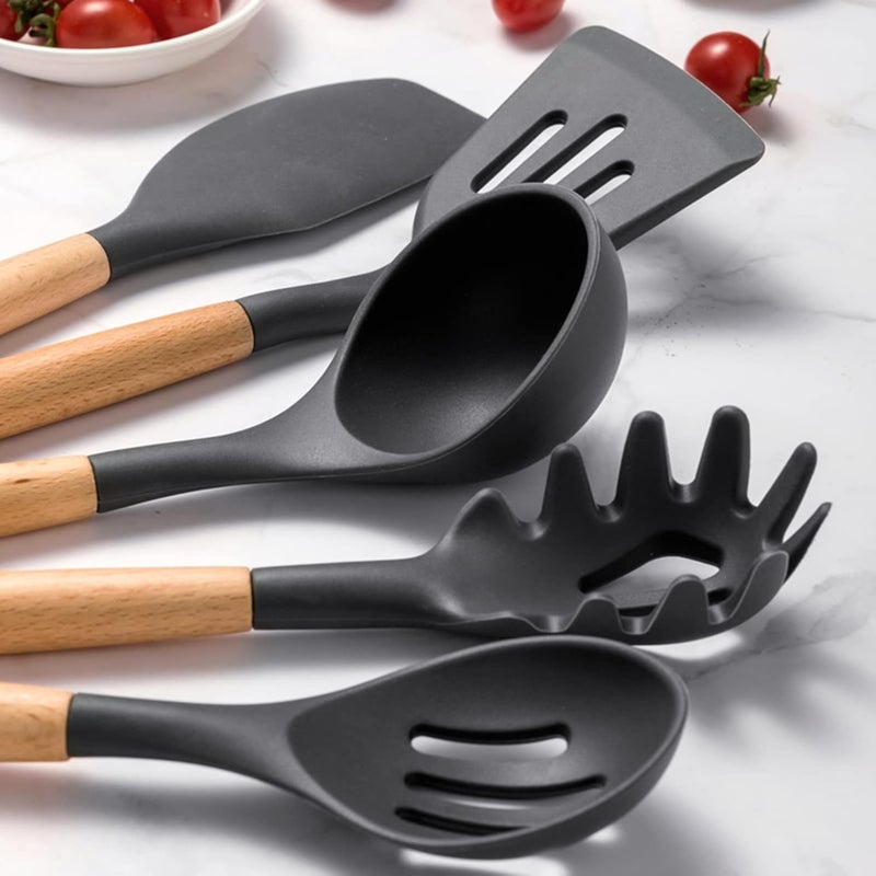 Windfromort Kitchen Utensils Silicone Wood Set 12 PCS Kitchen Accessory Set BPAFree Nonstick AntiScratch and Heat Resistant NonStick Kitchen Tool for LadleSpatulaPasta Spoon - Image 3