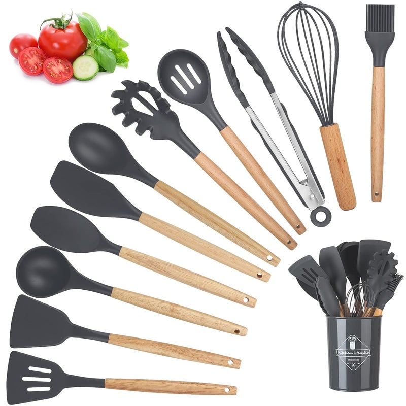 Windfromort Kitchen Utensils Silicone Wood Set 12 PCS Kitchen Accessory Set BPAFree Nonstick AntiScratch and Heat Resistant NonStick Kitchen Tool for LadleSpatulaPasta Spoon - Image 1