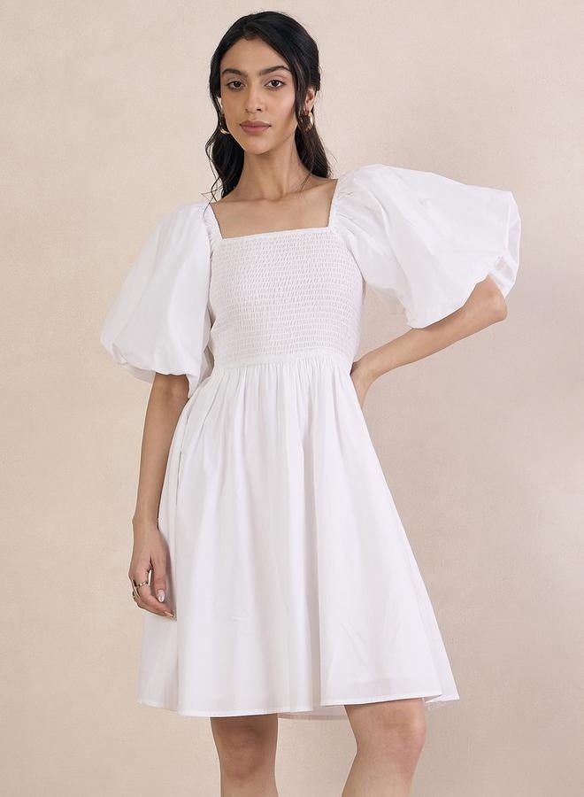 Femmella Puff Sleeve Square Neck Mini Dress with Smocked Detail - Image 1
