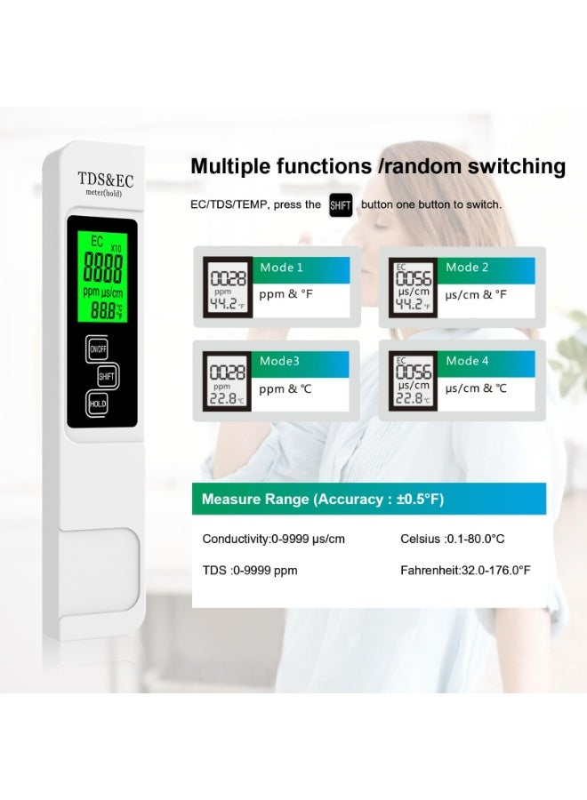 4-in-1 Digital TDS Meter – Instant Water Tester for TDS, EC, Temperature (°C/°F), Ultra-Accurate with Titanium Probe, Backlit Screen, Portable Design for Pool/Aquarium/RO Systems (White) - Image 2