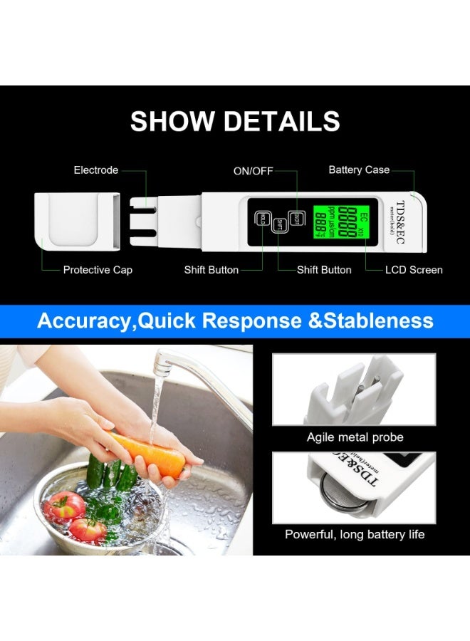 4-in-1 Digital TDS Meter – Instant Water Tester for TDS, EC, Temperature (°C/°F), Ultra-Accurate with Titanium Probe, Backlit Screen, Portable Design for Pool/Aquarium/RO Systems (White) - Image 4