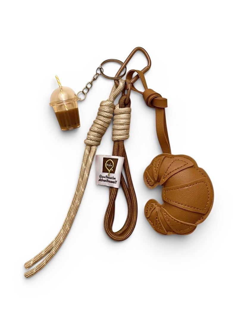 Aura Style Croissant and Coffee Bag Charm Cute Keychain for Women & Girls Trendy Handbag Accessory Brown - Image 1