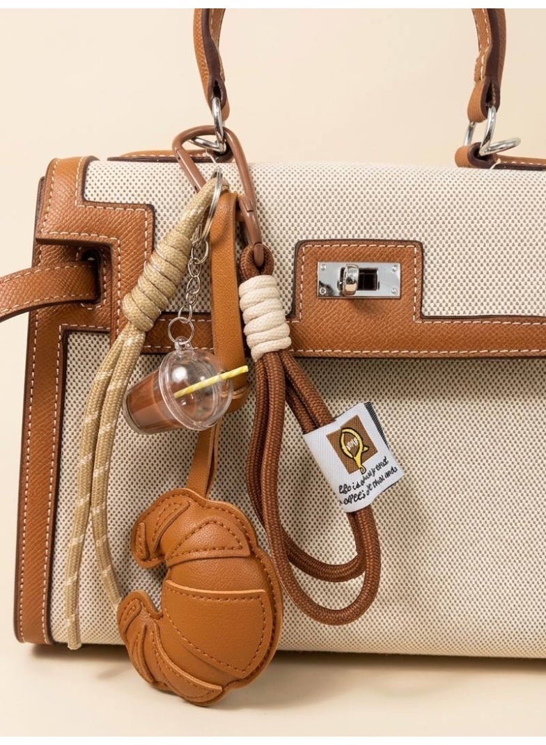 Aura Style Croissant and Coffee Bag Charm Cute Keychain for Women & Girls Trendy Handbag Accessory Brown - Image 3