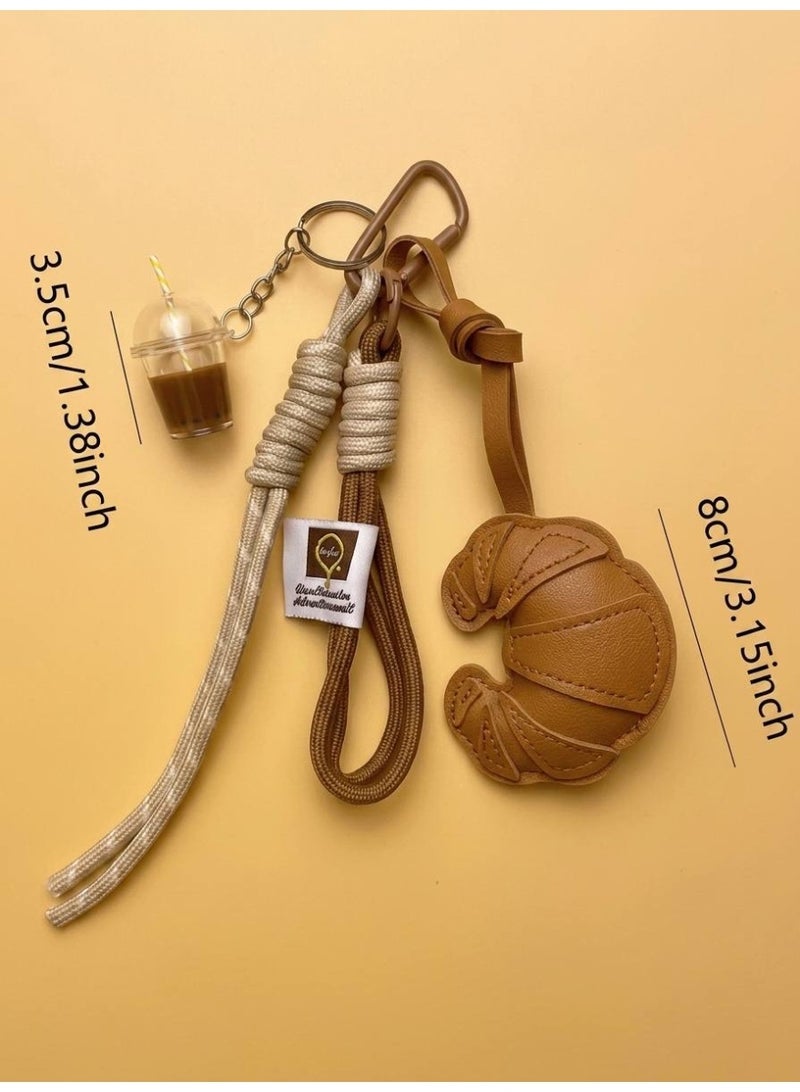 Aura Style Croissant and Coffee Bag Charm Cute Keychain for Women & Girls Trendy Handbag Accessory Brown - Image 4