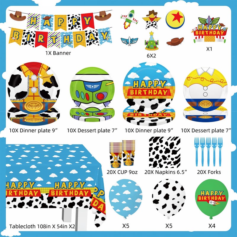 LANFUBEISI 130pcs Story Birthday Party Decorations Tableware Set for 20 Guests Include Banner, Cupcake Topper, Cake Topper,Paper Plates,Napkins and Cups,Plastic Tablecloth and Forks,Latex Balloons - Image 2