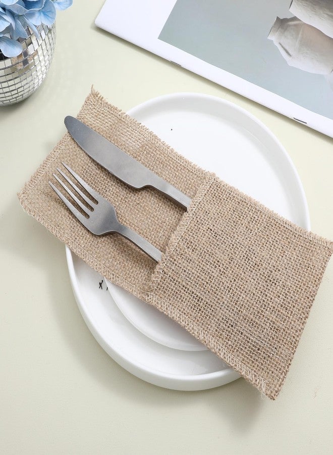 AojSup 50 Pcs Burlap Utensil Holder Pouch Set - 4 x 8.8 Inch Natural Jute Cutlery Pouch for Wedding Party Decor, Reusable Silverware Bags with Deep Pockets for Knives Forks Spoons - Image 2
