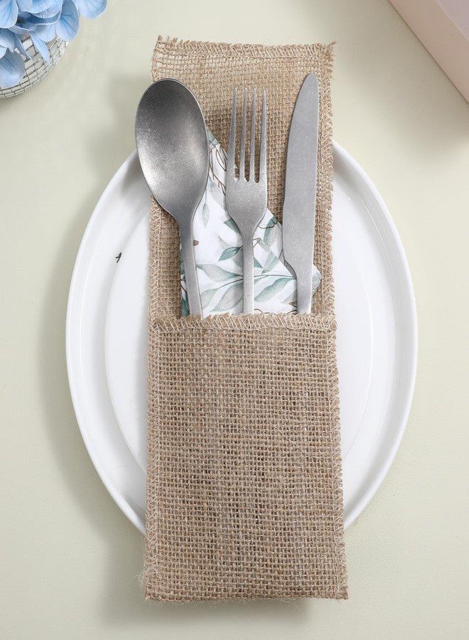 AojSup 50 Pcs Burlap Utensil Holder Pouch Set - 4 x 8.8 Inch Natural Jute Cutlery Pouch for Wedding Party Decor, Reusable Silverware Bags with Deep Pockets for Knives Forks Spoons - Image 5