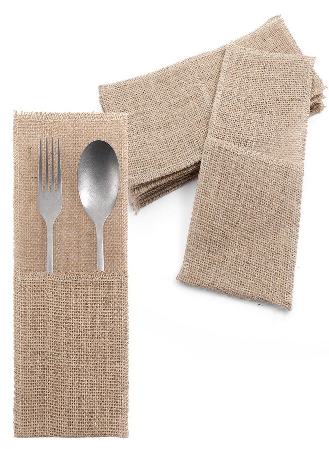 AojSup 50 Pcs Burlap Utensil Holder Pouch Set - 4 x 8.8 Inch Natural Jute Cutlery Pouch for Wedding Party Decor, Reusable Silverware Bags with Deep Pockets for Knives Forks Spoons - Image 1
