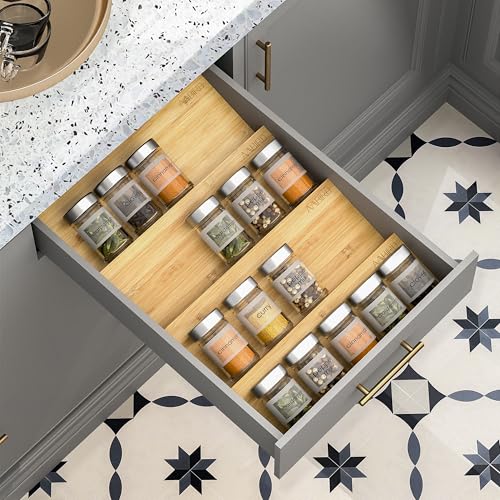 AMBIRD Bamboo Spice Drawer Organizer with Non-slip Mat, 4 Tier Jar Spice Rack Tray 13'',Seasoning Organizer for Kitchen,Cabinet,Drawers,Countertop - Image 1