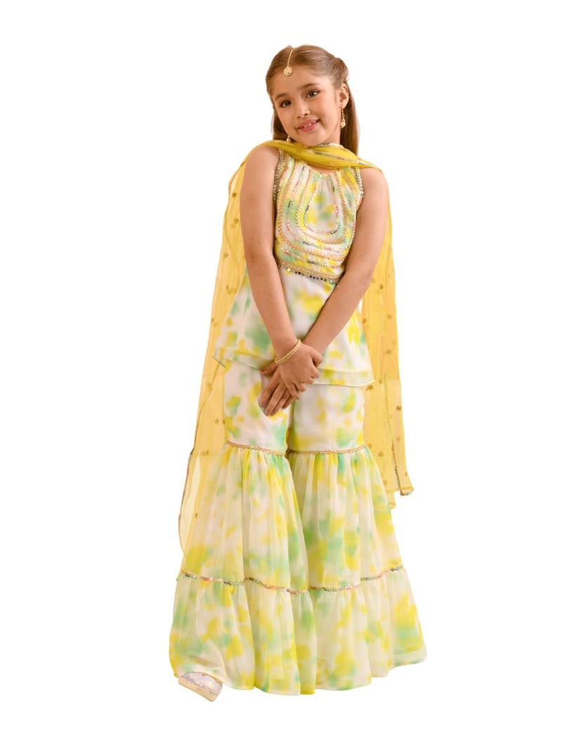 Pspeaches Girls Sleeveless Round Neck Tie & Dye Kurta And Sharara With Dupatta 3 Piece Set|Ethnic Wear For Kids Girls|Traditional & Festive Outfit 13-14 Year Multicolor - Image 1