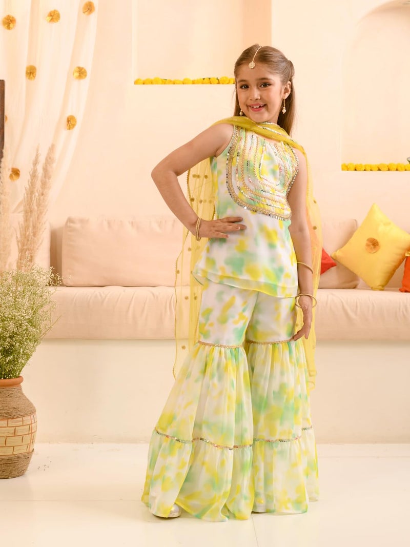 Pspeaches Girls Sleeveless Round Neck Tie & Dye Kurta And Sharara With Dupatta 3 Piece Set|Ethnic Wear For Kids Girls|Traditional & Festive Outfit 13-14 Year Multicolor - Image 2