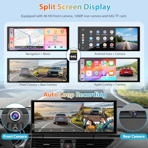 CARPURIDE W125S 11.26 Inch HD Wireless Carplay & Android Auto Screen, 4K +1080P+1080P Dash Camera for Cars with 64GB Card, with Loop Recording, Bluetooth, Voice Control, GPS, FM, Super Link - Image 3
