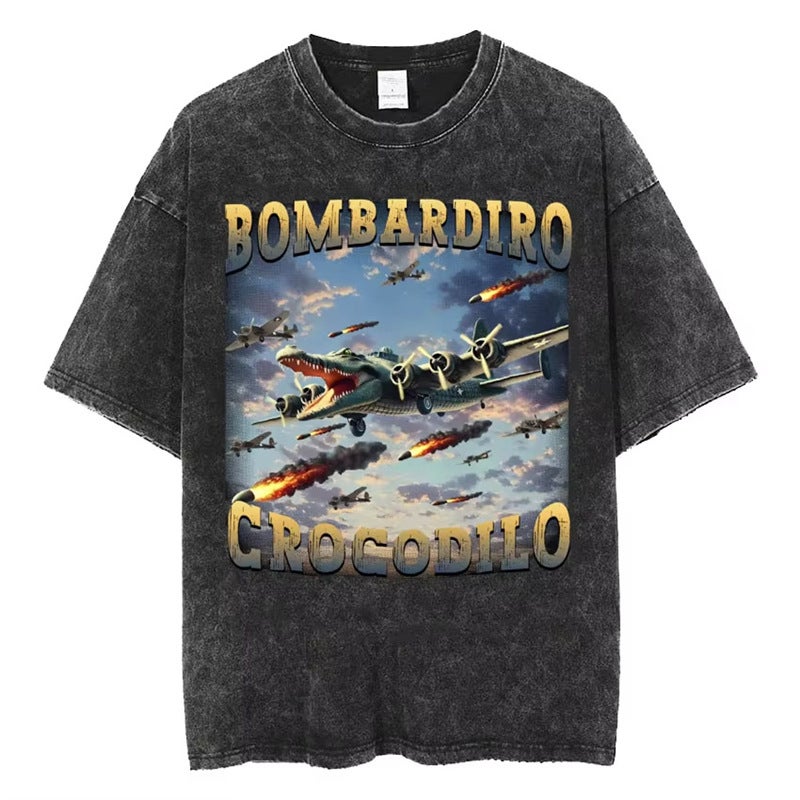 Bombardiro Crocodile Italian Brainrot Meme Washed T-Shirt Hu - Image 4