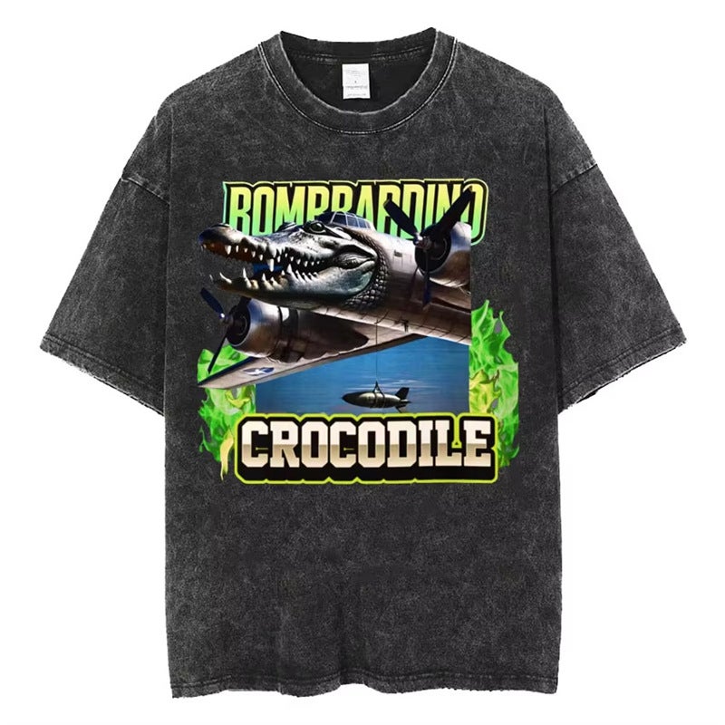 Bombardiro Crocodile Italian Brainrot Meme Washed T-Shirt Hu - Image 3