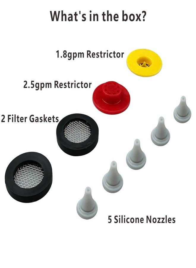 Voolan Shower Flow Restrictor Set - Fixed Showerhead Replace Parts -1.8 and 2.5GPM Flow Reducer Limiter + 2 Filter Gaskets + 5 Soft Silicone Nozzles For Shower Head Replacement - Image 2