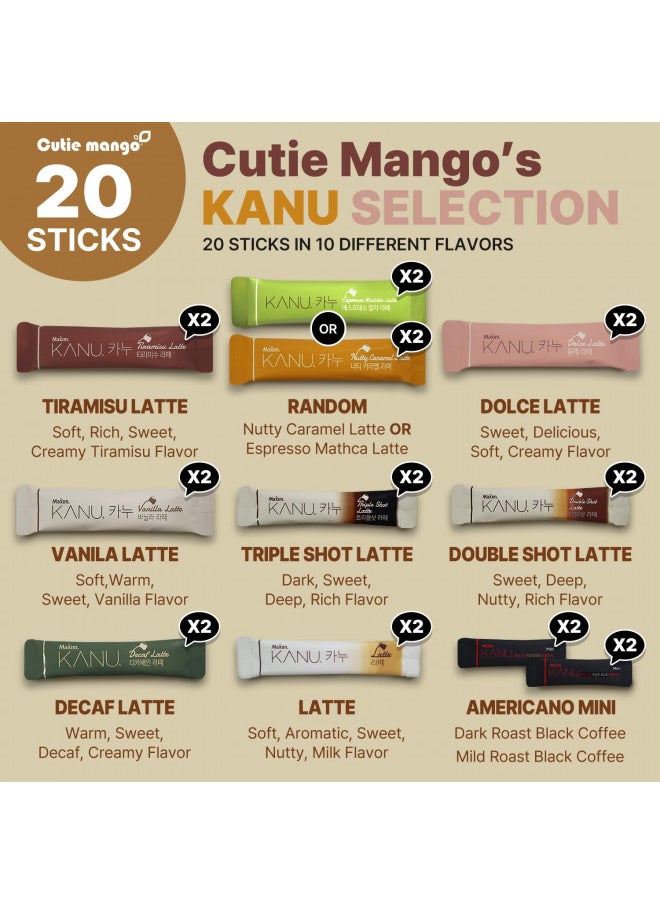 CUTIE MANGO Maxim KANU Premium Korean Instant Coffee Sampler Latte & Americano Assortment Café Style Camping Party Easy-to-Mix Single Serve Packets 20 Variety Pack