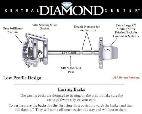 Central Diamond Center 14K Gold Post & Sterling Silver Made with Swarovski Zirconia 3 Prong Martini Stud Earrings - Platinum Plated 6.50mm 2.00cttw - Image 2