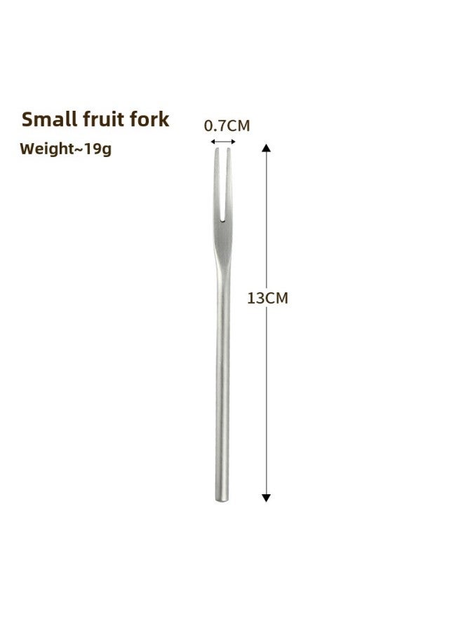 Creative Japanese 304 Stainless Steel Sanding Solid Fruit Fork Long Handle Round Handle Moon Cake Dessert Cake 2 Teeth Fruit Sticks-Colour:Silver Short Handle Fruit Fork 13cm - Image 1