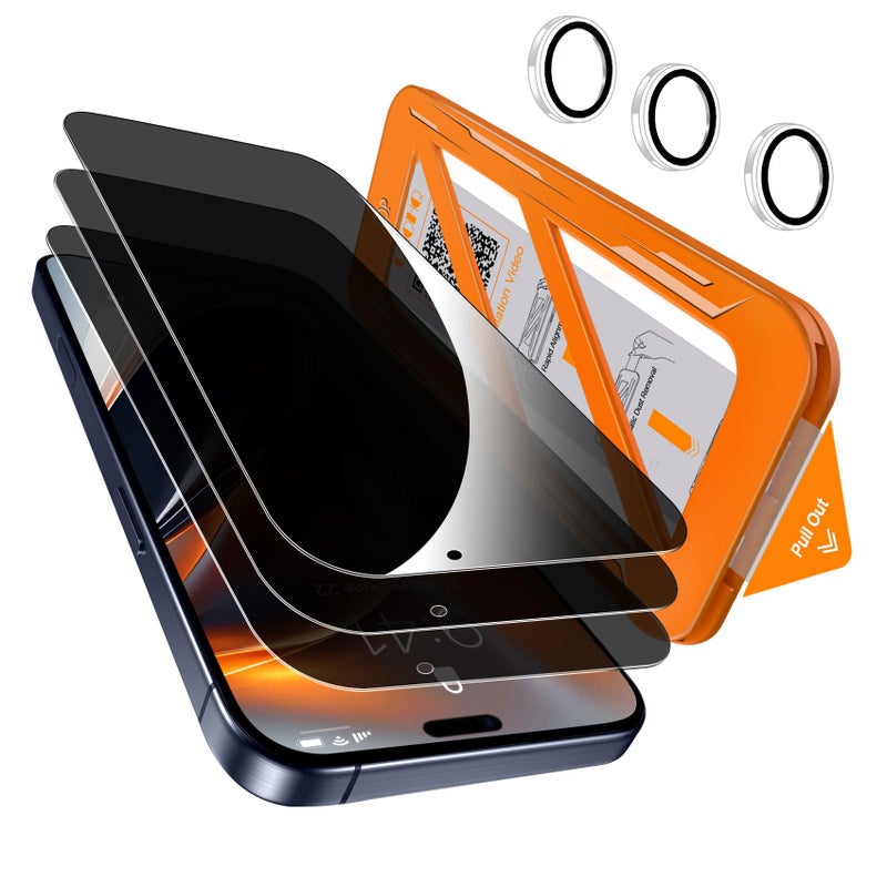 QHOHQ [1-Second Auto-Install] QHOHQ 3 Pack Privacy Screen Protector for iPhone 17 Pro [6.3 Inch] + 1 Set Camera Lens Protector, 25Â° Anti Spy Tempered Glass, [12FT Military Grade Shatterproof], Case Friendly - Image 1
