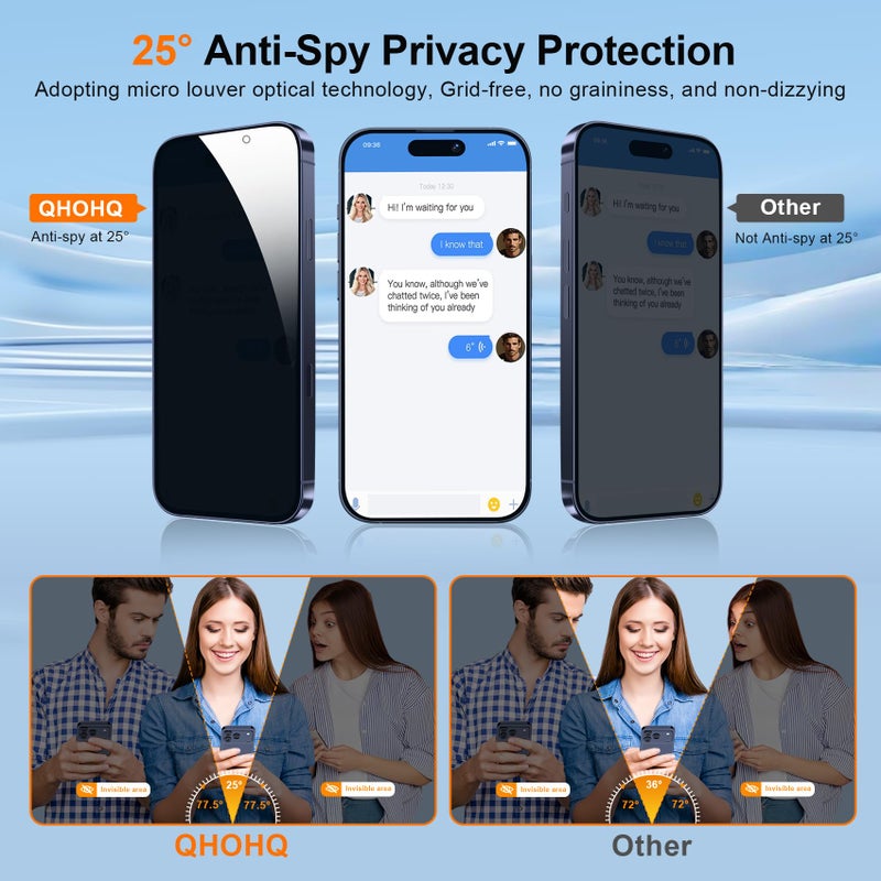 QHOHQ [1-Second Auto-Install] QHOHQ 3 Pack Privacy Screen Protector for iPhone 17 Pro [6.3 Inch] + 1 Set Camera Lens Protector, 25Â° Anti Spy Tempered Glass, [12FT Military Grade Shatterproof], Case Friendly - Image 2