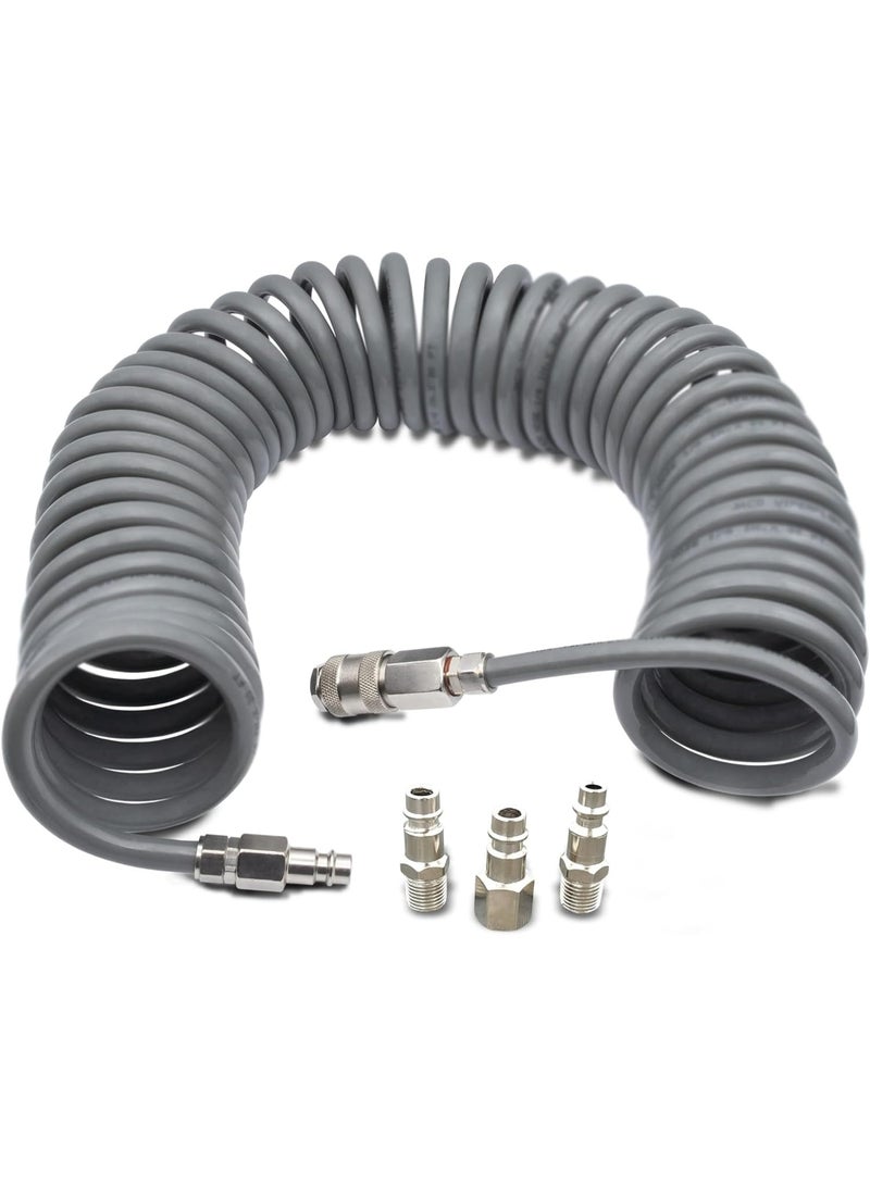A set of Polyurethane Coiled Air Hose Kit - 1/4" x 10m | with Air Compressor Fittings (black)
