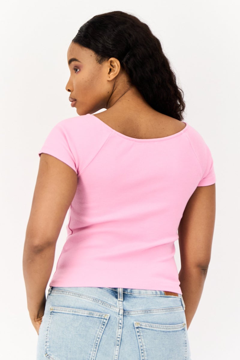 ONLY Women Boat Neck Short Sleeves Embroidered Top, Pink - Image 2