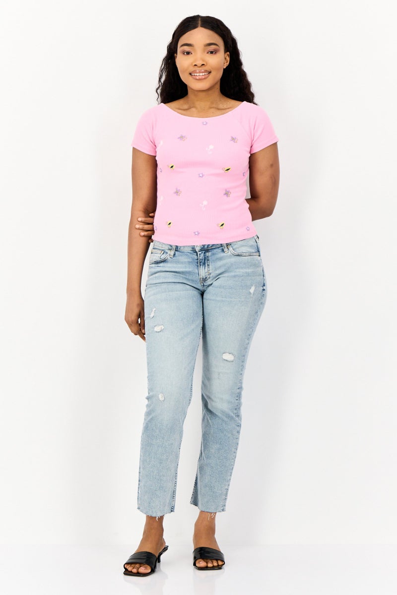 ONLY Women Boat Neck Short Sleeves Embroidered Top, Pink - Image 4