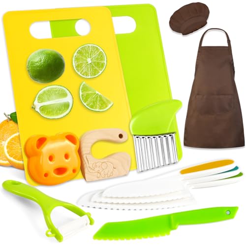 DEABOLAR 12PCS Kids Cooking Sets Real with Kids Apron Kids Knife Set for Real Cooking Toddler Kitchen Tools with Kids Cutting Board and Knife Set for Girl Boy - Image 1