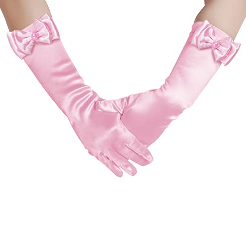 Yolyoo Girls Princess Gloves,Girl White Long Satin Princess Dress Up Diamonds Bows Gloves for Birthday,Wedding, Costume Party (Pink) - Image 5
