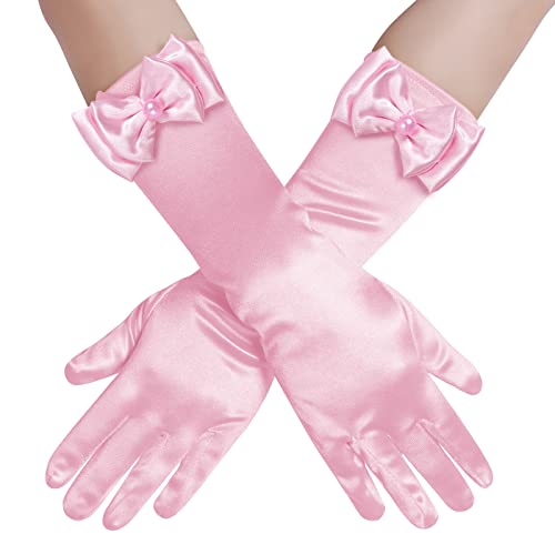 Yolyoo Girls Princess Gloves,Girl White Long Satin Princess Dress Up Diamonds Bows Gloves for Birthday,Wedding, Costume Party (Pink) - Image 1