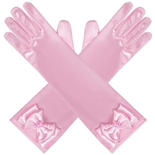 Yolyoo Girls Princess Gloves,Girl White Long Satin Princess Dress Up Diamonds Bows Gloves for Birthday,Wedding, Costume Party (Pink) - Image 4