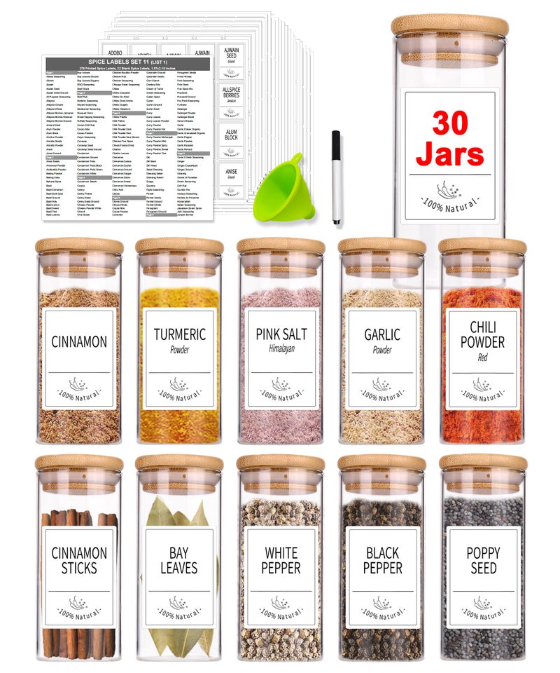 Churboro 30 Pcs Spice Jars with Label Glass Spice Jars with Bamboo LIds and 400 Labels 4 OZ Empty Seasoning Containers for Kitchen Sugar Salt