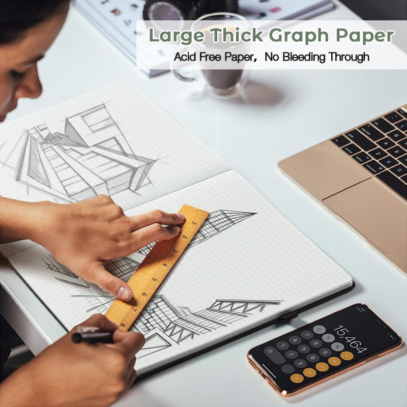 MaleDen Graph Paper Notebook, Hardcover Notebook 8.5 x 11, Grid Notebook Journal for Women, Men, Large Leather Journals for Writing, Thick Paper, A4 Notebooks for Work, School Supplies, Engineering Olive - Image 2