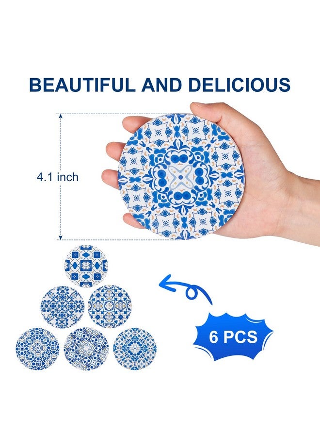 كلوفر قواعد أكواب سيراميك ماصة للمشروبات - مجموعة حامل معدني، جافة ونظيفة، قاعدة من الفلين مانعة للانزلاق - بورسلين أزرق وأبيض، مثالية لغرفة المعيشة أو المطبخ أو الاستخدام الخارجي - Image 2