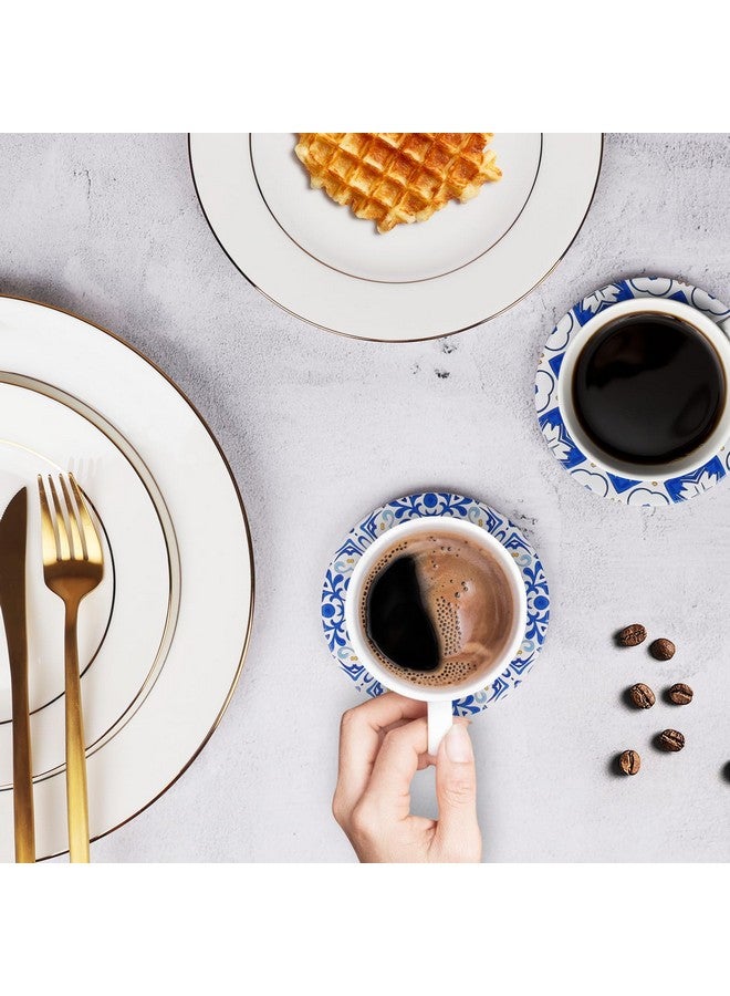 كلوفر قواعد أكواب سيراميك ماصة للمشروبات - مجموعة حامل معدني، جافة ونظيفة، قاعدة من الفلين مانعة للانزلاق - بورسلين أزرق وأبيض، مثالية لغرفة المعيشة أو المطبخ أو الاستخدام الخارجي - Image 5