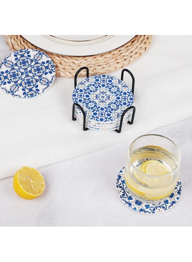 كلوفر قواعد أكواب سيراميك ماصة للمشروبات - مجموعة حامل معدني، جافة ونظيفة، قاعدة من الفلين مانعة للانزلاق - بورسلين أزرق وأبيض، مثالية لغرفة المعيشة أو المطبخ أو الاستخدام الخارجي - Image 4