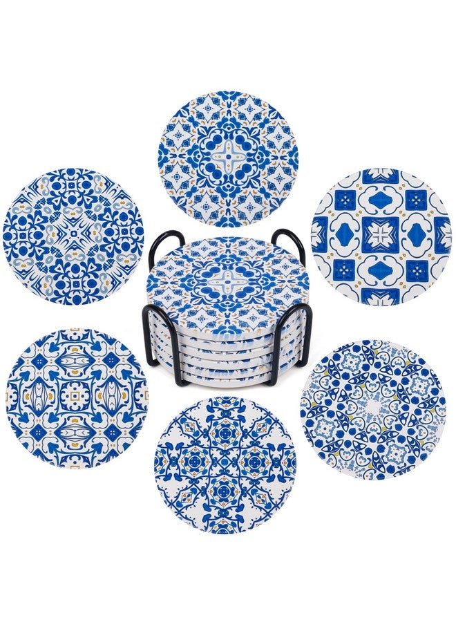 كلوفر قواعد أكواب سيراميك ماصة للمشروبات - مجموعة حامل معدني، جافة ونظيفة، قاعدة من الفلين مانعة للانزلاق - بورسلين أزرق وأبيض، مثالية لغرفة المعيشة أو المطبخ أو الاستخدام الخارجي - Image 1