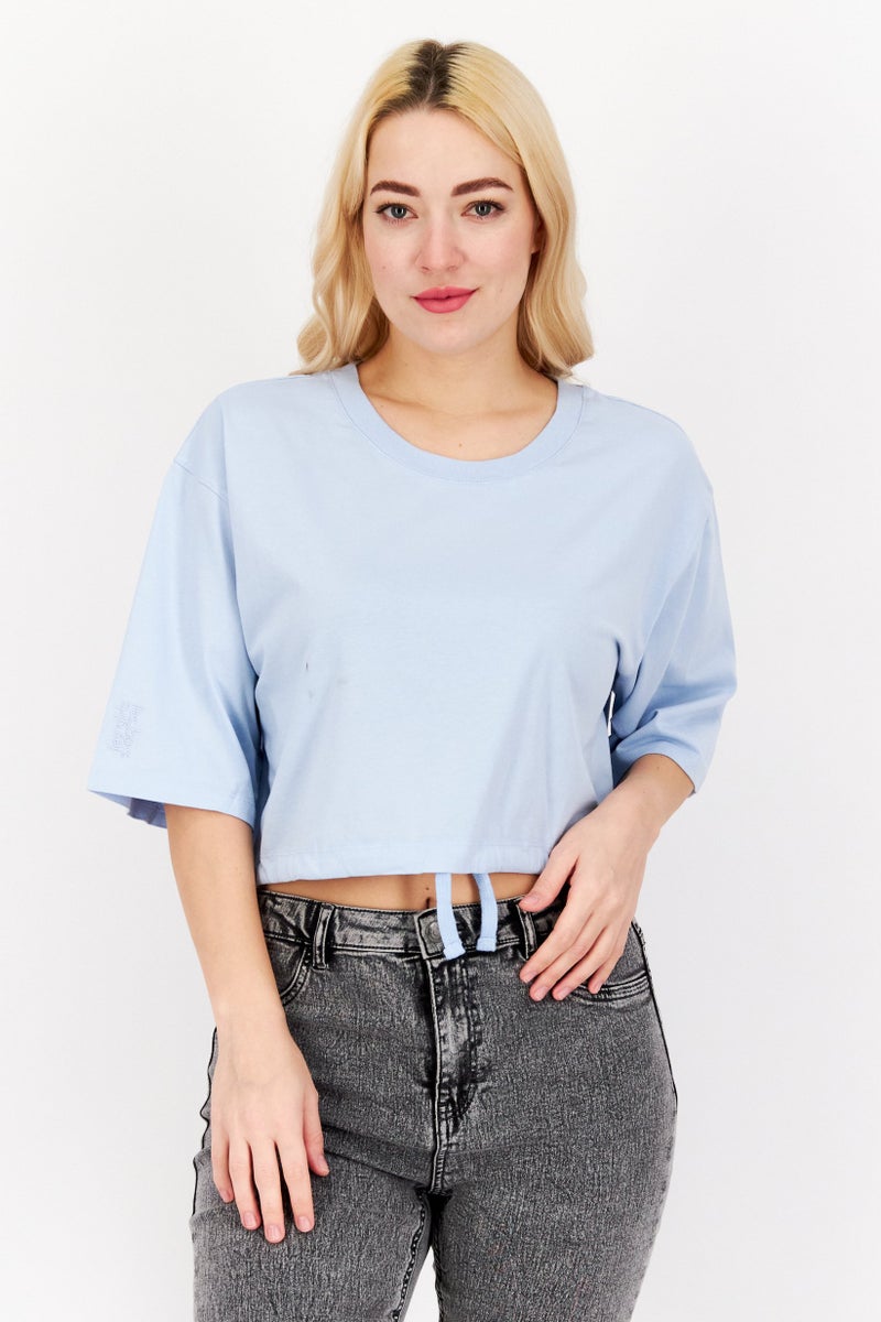 Les Girls Les Boys Women Round Neck Short Sleeve Solid Cropped Top, Sage Blue - Image 1