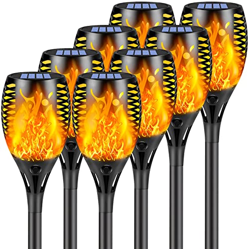 SANJICHA Upgraded 8 Pack Super Larger Size Solar Torch Lights with Flickering Flame, Extra Bright Solar Lights Halloween Decorations, Halloween Tiki Light Outdoor Waterproof for Garden Pathway Auto On and Off - Image 1