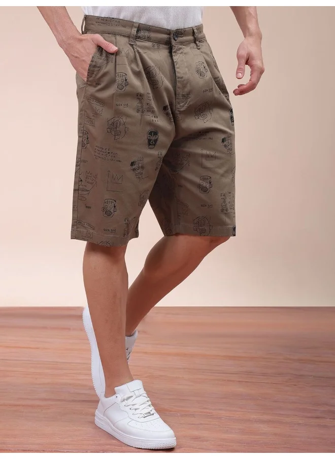 شركة المرآب الهندية Brindle Men Relaxed Fit Casual Face Print Knee Pleated Shorts