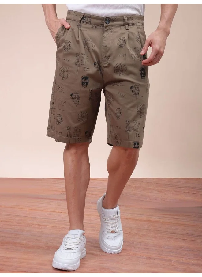 شركة المرآب الهندية Brindle Men Relaxed Fit Casual Face Print Knee Pleated Shorts