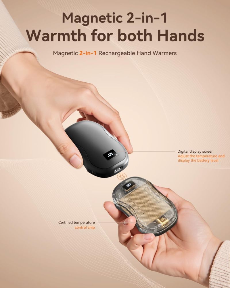 Magnetic Hand Warmer 60 × 101 × 44mm 190g 2-In-1 Split Design - Digital Display Precise 3-Gear Temperature Control Portable Hand Warmer for Winter Travel Office Study - Image 5