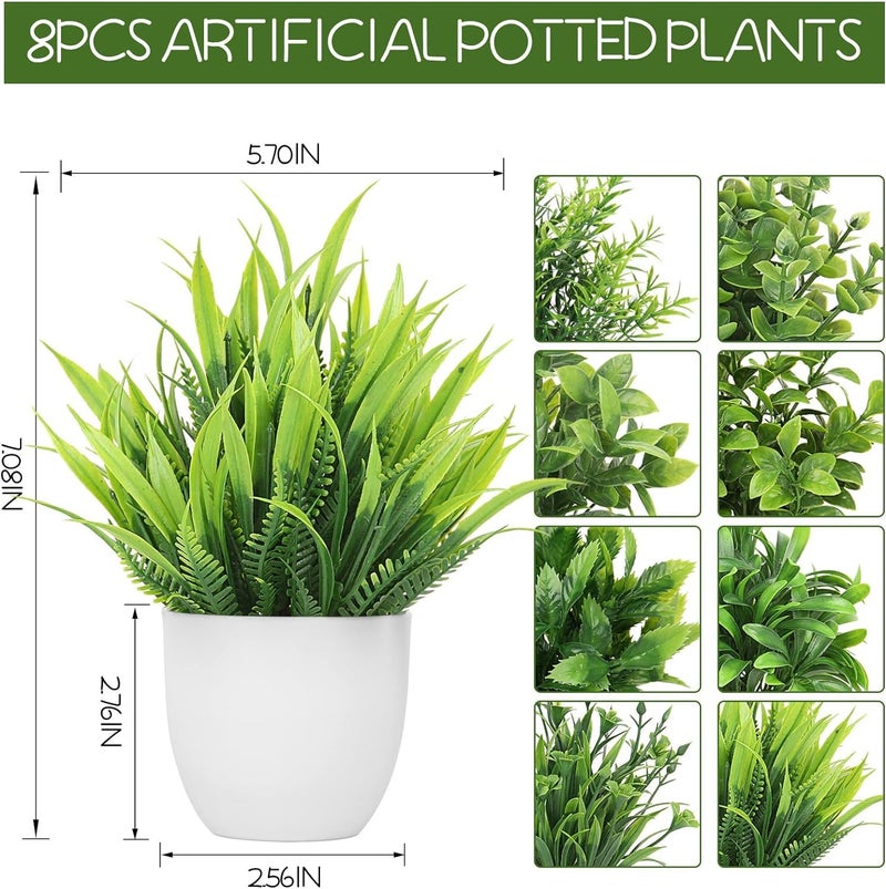 Dekorly Plastic Artificial Plants Small Fake Potted Plants, Mini Eucalyptus Potted Faux Decorative Grass Plant With White Pot For Home Decor, Indoor, Office, Desk, Shelf, Table Decoration|Pack Of 8 - Image 2