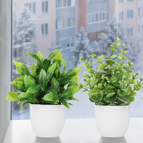 Dekorly Plastic Artificial Plants Small Fake Potted Plants, Mini Eucalyptus Potted Faux Decorative Grass Plant With White Pot For Home Decor, Indoor, Office, Desk, Shelf, Table Decoration|Pack Of 8 - Image 5