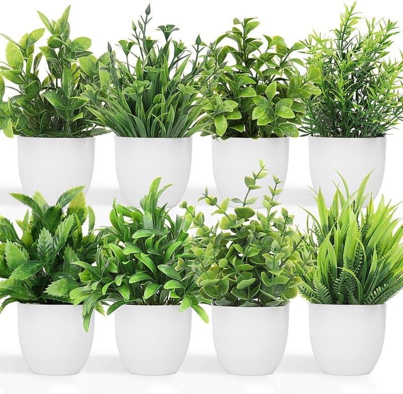 Dekorly Plastic Artificial Plants Small Fake Potted Plants, Mini Eucalyptus Potted Faux Decorative Grass Plant With White Pot For Home Decor, Indoor, Office, Desk, Shelf, Table Decoration|Pack Of 8 - Image 1
